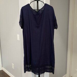 For Cynthia Linen Viscose Blend Navy Blue Short Sleeve Eyelet Mini Dress Size XL